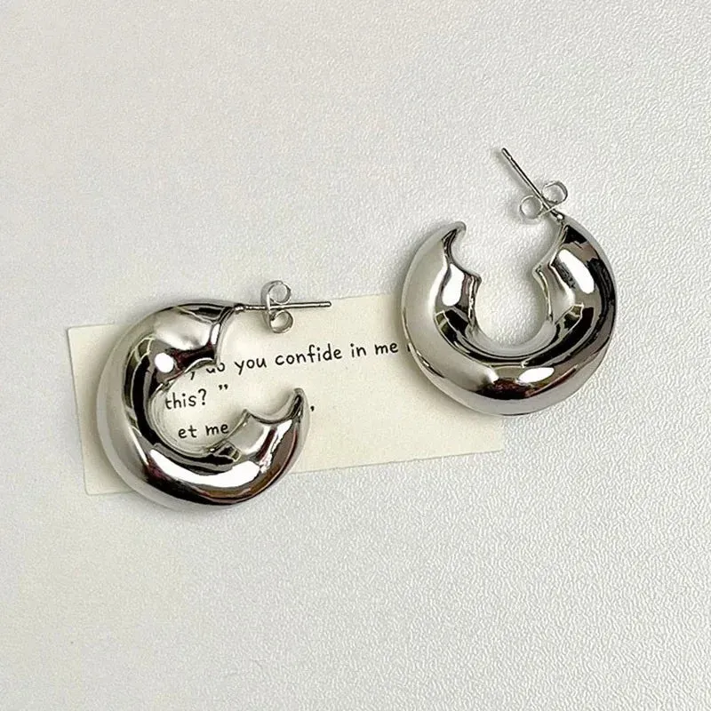 Retro Stainless Steel Chunky C Shape Glossy Gold Plated New Earring