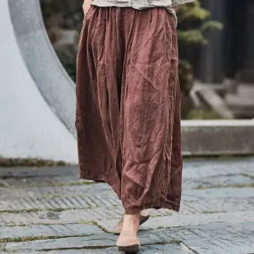 Retro Style Wide Leg Brown Cropped Pants for Women