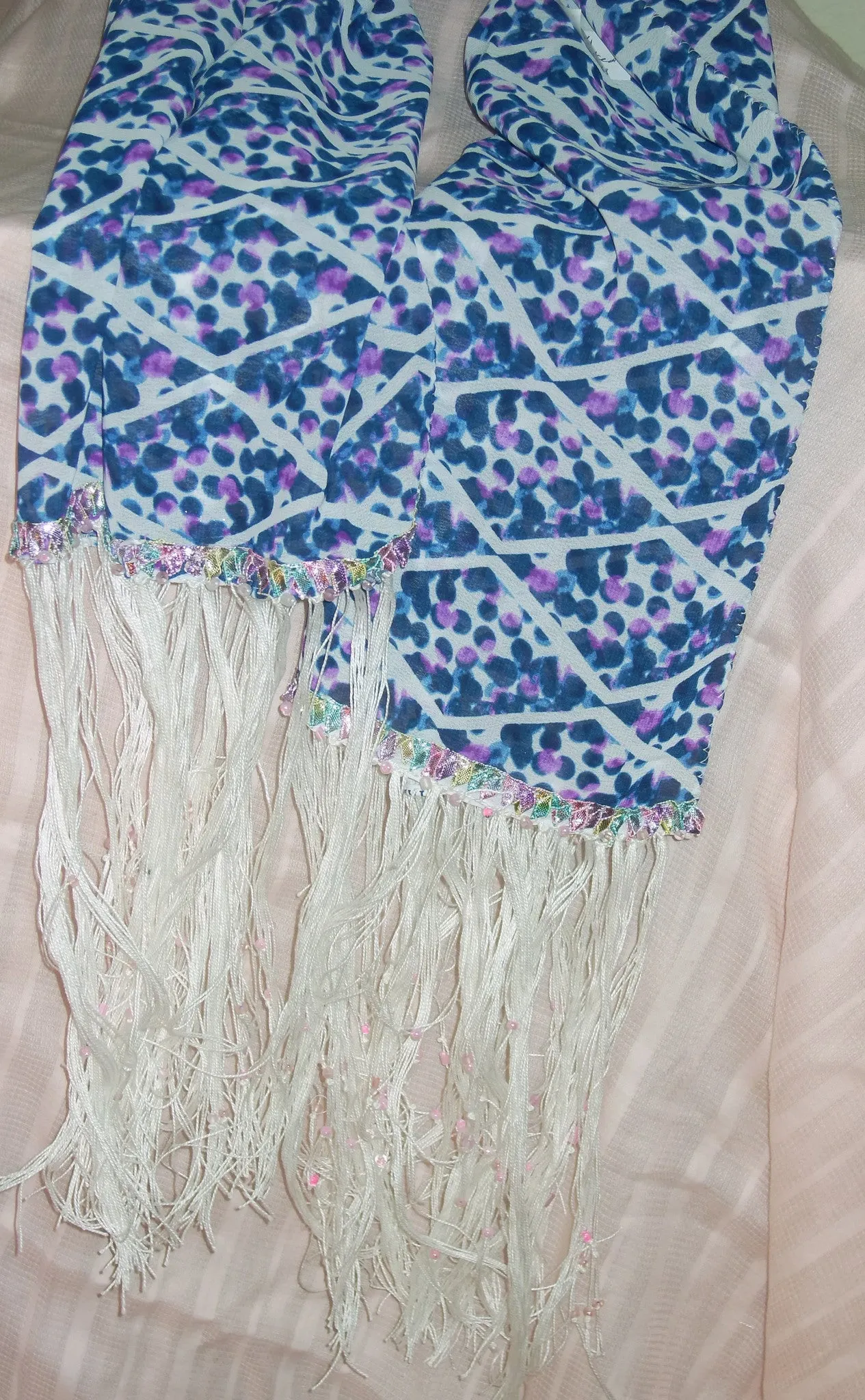 Scarf 554 Blue Printed Georgette White Tassels Dupatta Chunni Shawl Wrap