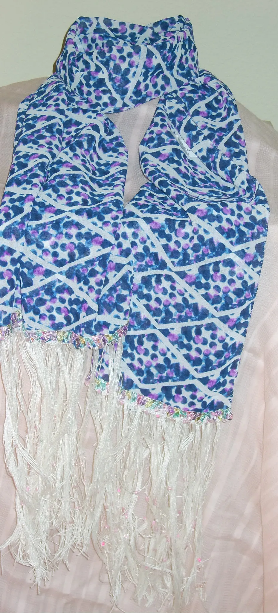 Scarf 554 Blue Printed Georgette White Tassels Dupatta Chunni Shawl Wrap