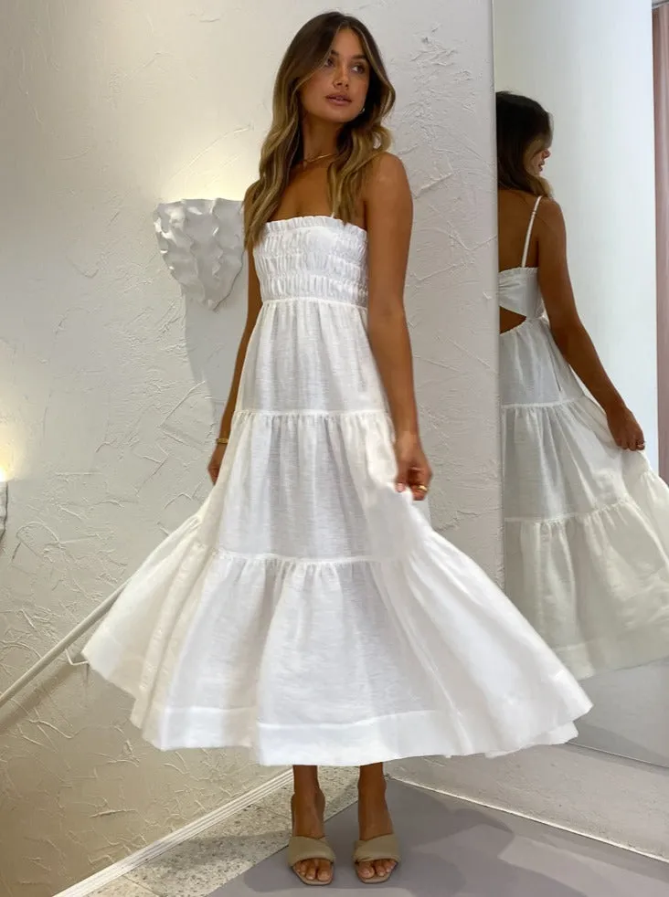 Shona Joy Bruna Open Back Shirred Midi Dress in Ivory