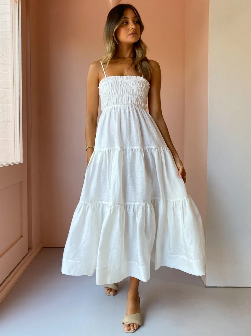 Shona Joy Bruna Open Back Shirred Midi Dress in Ivory