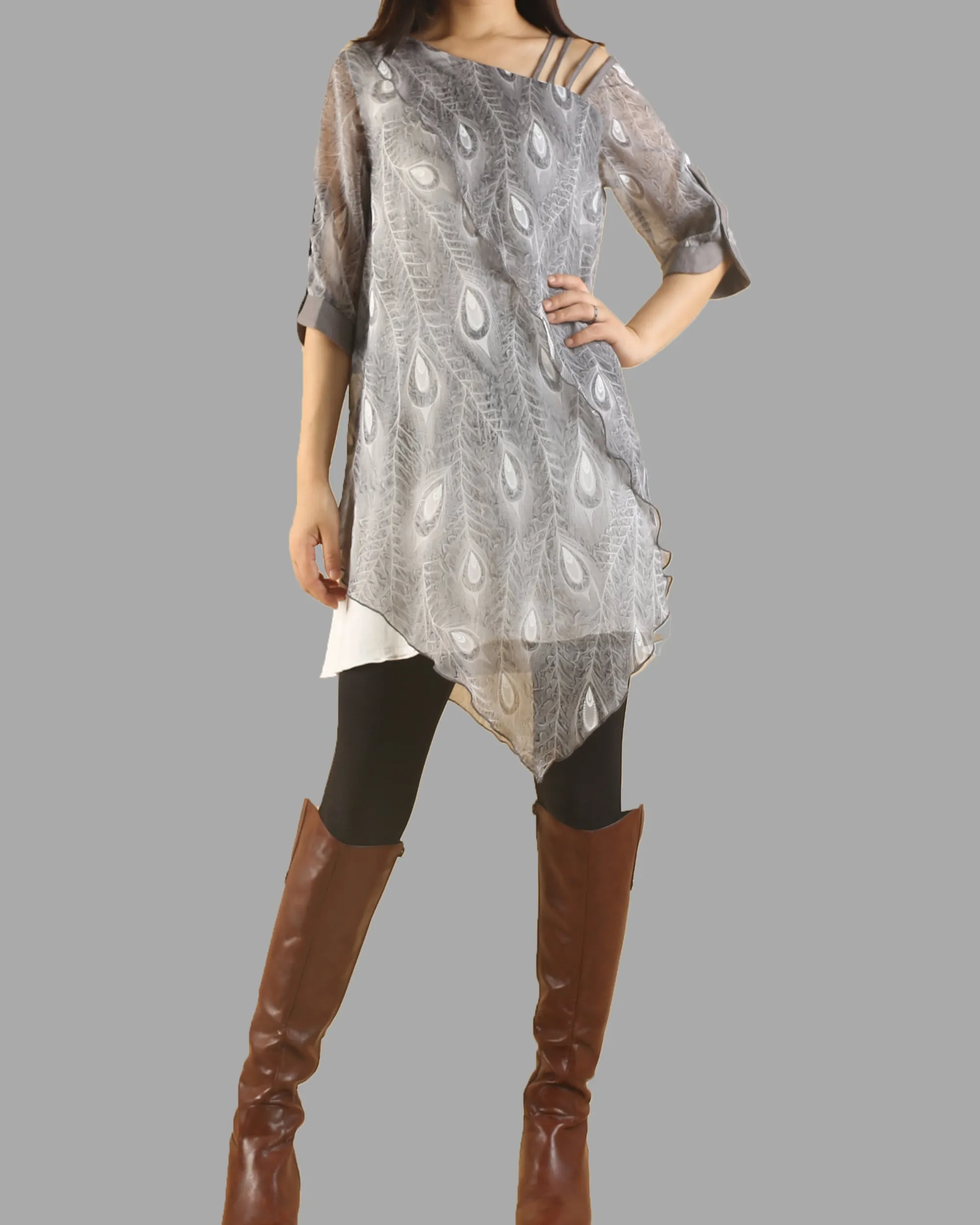 Silk dress, peacock feather printed dress, half sleeve tunic dress, modal cotton dress, summer dress, tunic top for leggings(Q1050)