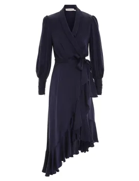 Silk Wrap Midi Dress (Navy)