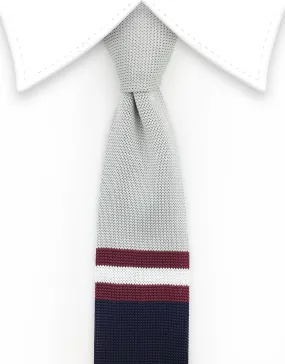 Silver, Navy & Burgundy Striped Knit Tie