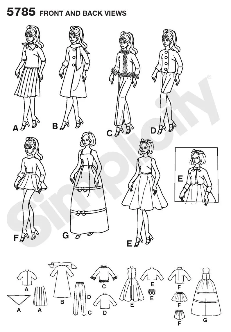 Simplicity Pattern 5785 Wardrobe for 11.5 inch Fashion Dolls