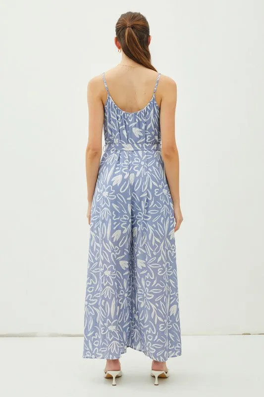 Slate Print Lightweight Tie Belt Wide Leg Cami Jumpsuit