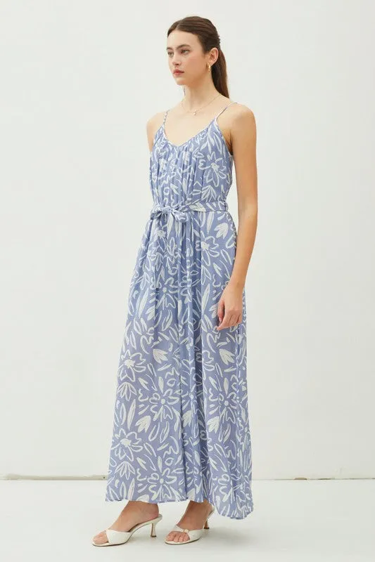 Slate Print Lightweight Tie Belt Wide Leg Cami Jumpsuit