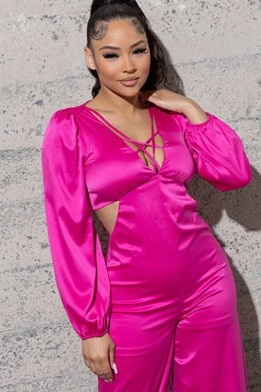 STRETCHY SATIN JUMPSUIT WITH LONG PUFFY SLEEVES