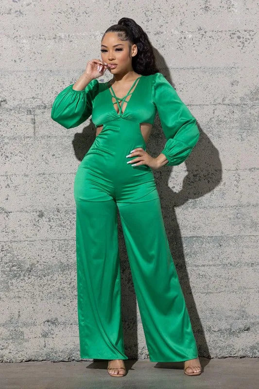 STRETCHY SATIN JUMPSUIT WITH LONG PUFFY SLEEVES
