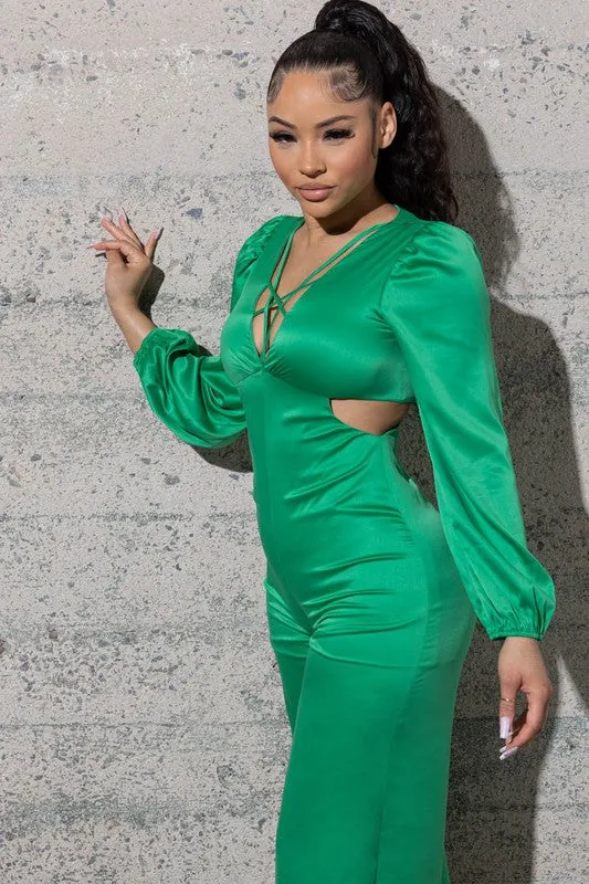 STRETCHY SATIN JUMPSUIT WITH LONG PUFFY SLEEVES