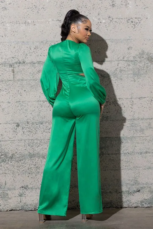 STRETCHY SATIN JUMPSUIT WITH LONG PUFFY SLEEVES