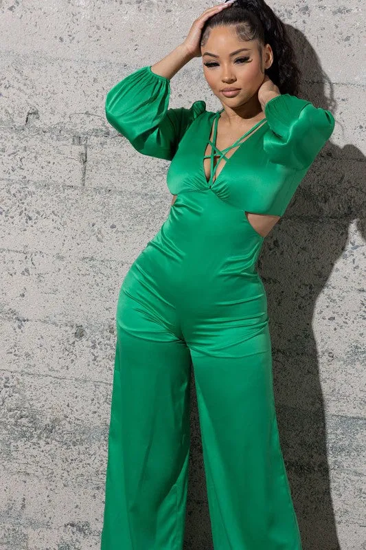 STRETCHY SATIN JUMPSUIT WITH LONG PUFFY SLEEVES