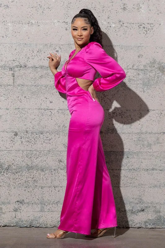STRETCHY SATIN JUMPSUIT WITH LONG PUFFY SLEEVES