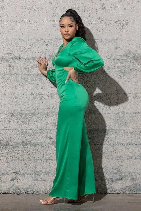 STRETCHY SATIN JUMPSUIT WITH LONG PUFFY SLEEVES