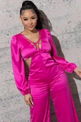 STRETCHY SATIN JUMPSUIT WITH LONG PUFFY SLEEVES
