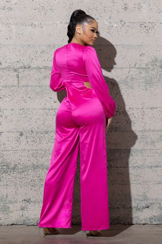STRETCHY SATIN JUMPSUIT WITH LONG PUFFY SLEEVES