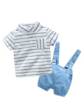 Summer Baby Boy 2-piece Outfits Striped T-shirt  Blue Suspender Shorts