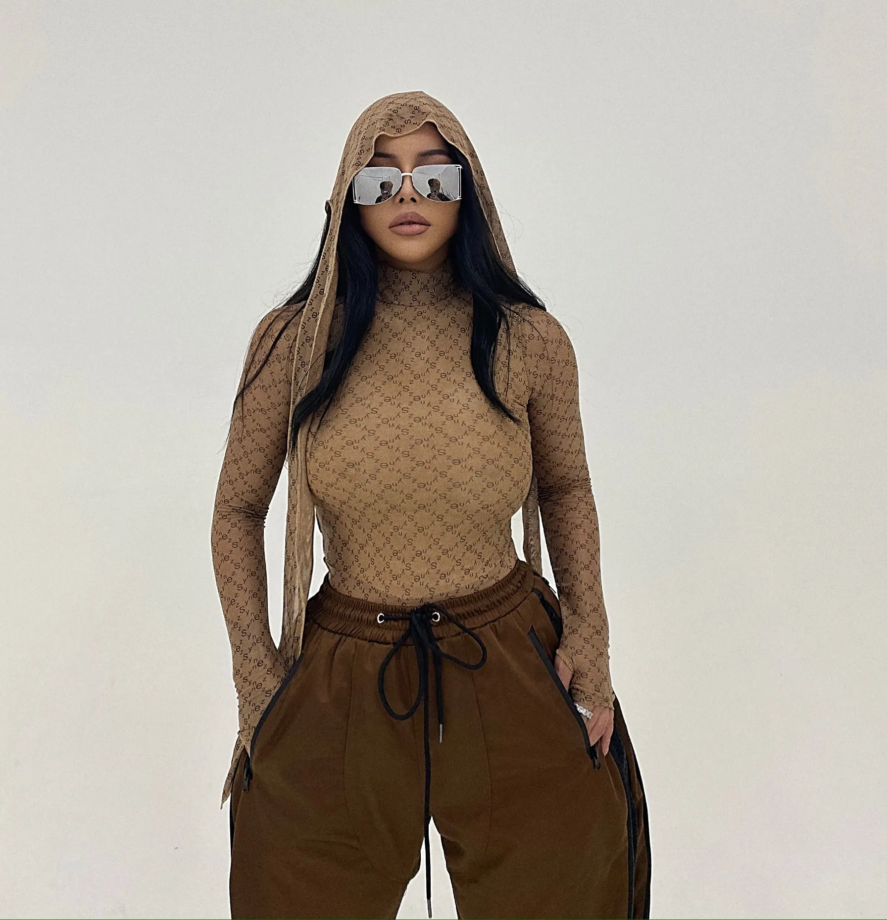 SYNEZ Monogram Nude Bodysuit Top