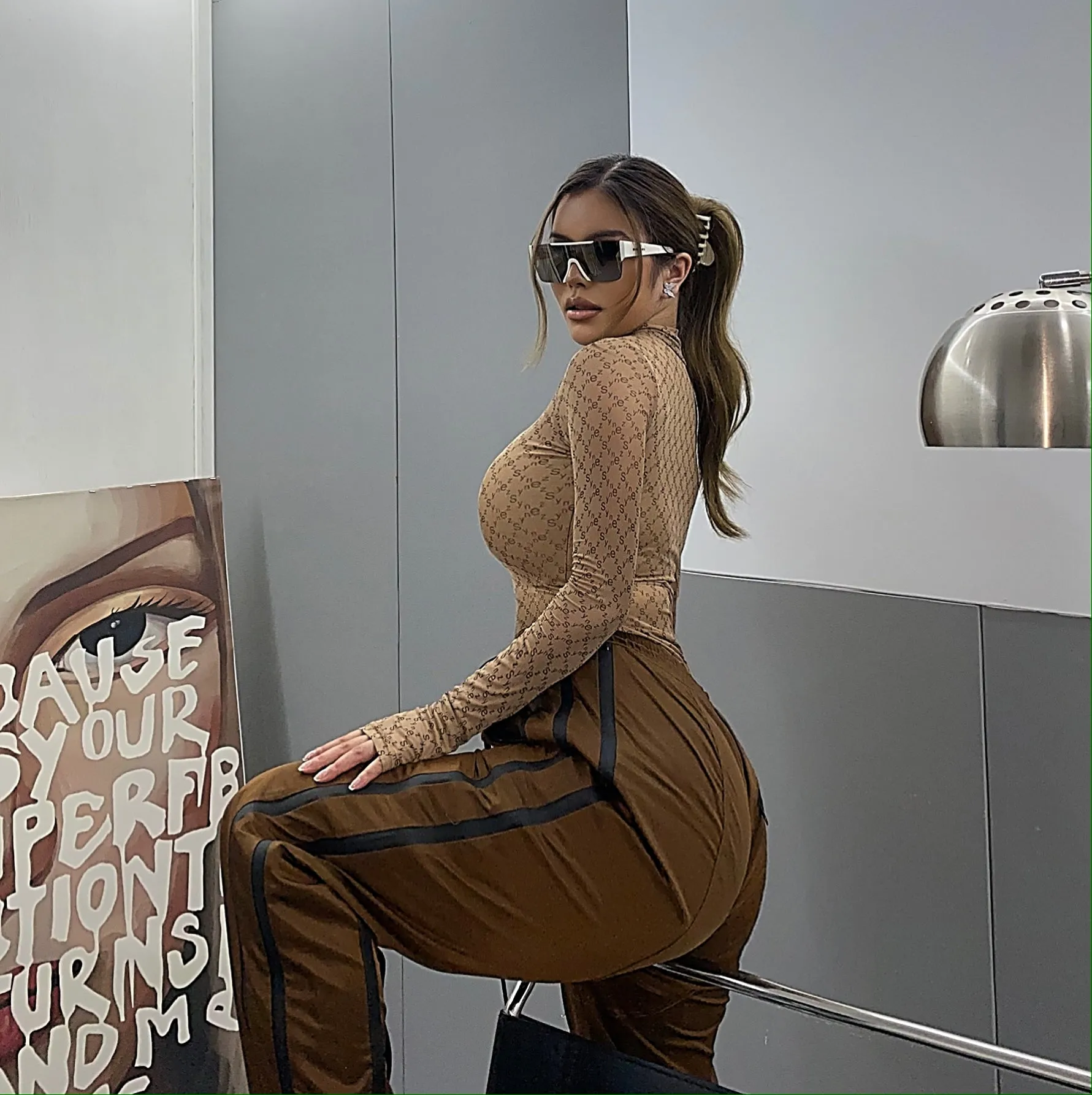 SYNEZ Monogram Nude Bodysuit Top