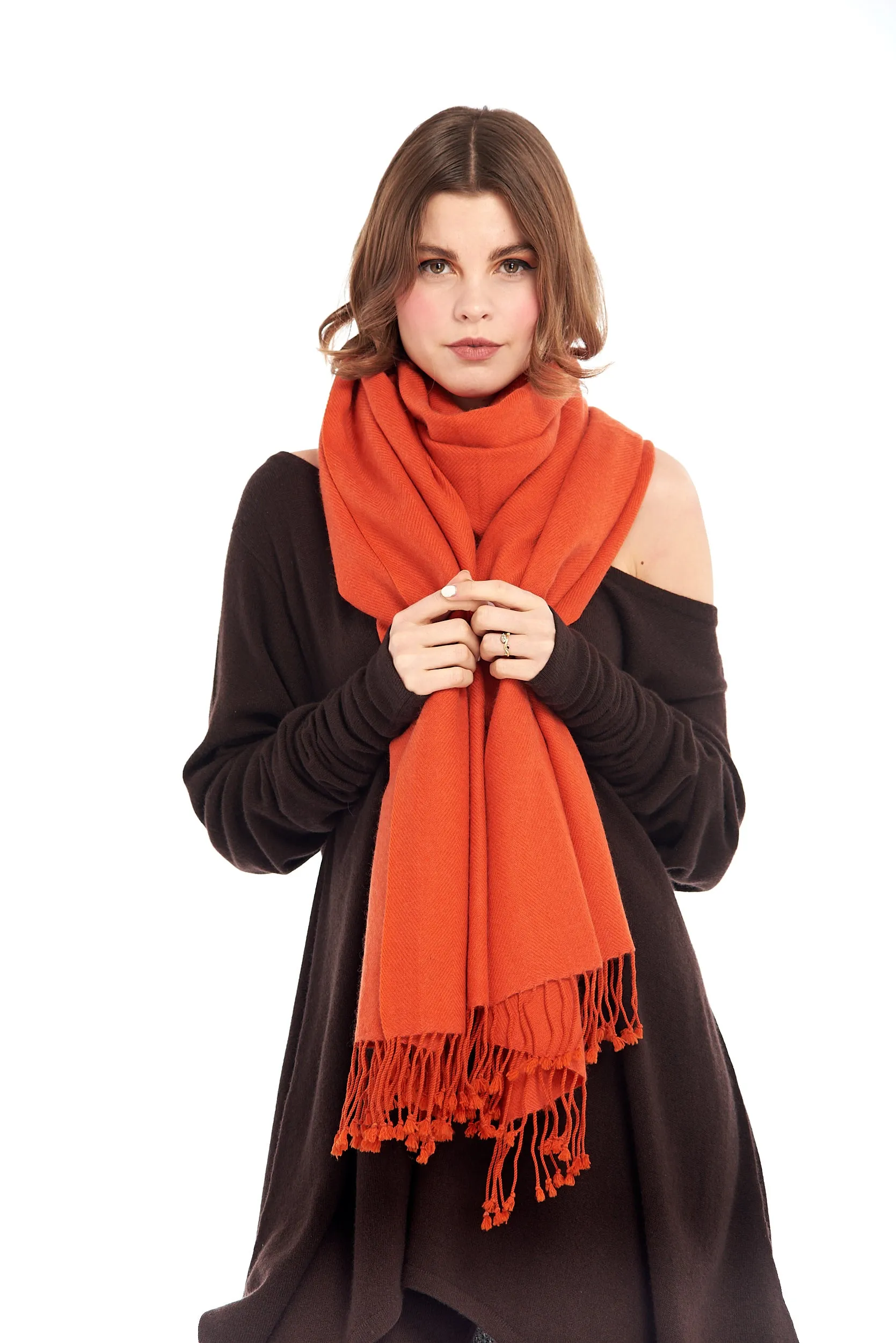 THICK LUXURY CASHMERE HERRINGBONE SHAWL - SPICY ORANGE