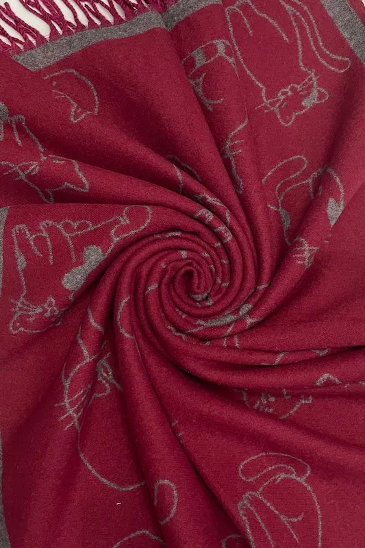 Thick Soft Cat Print Reversible Tasselled Wine Red