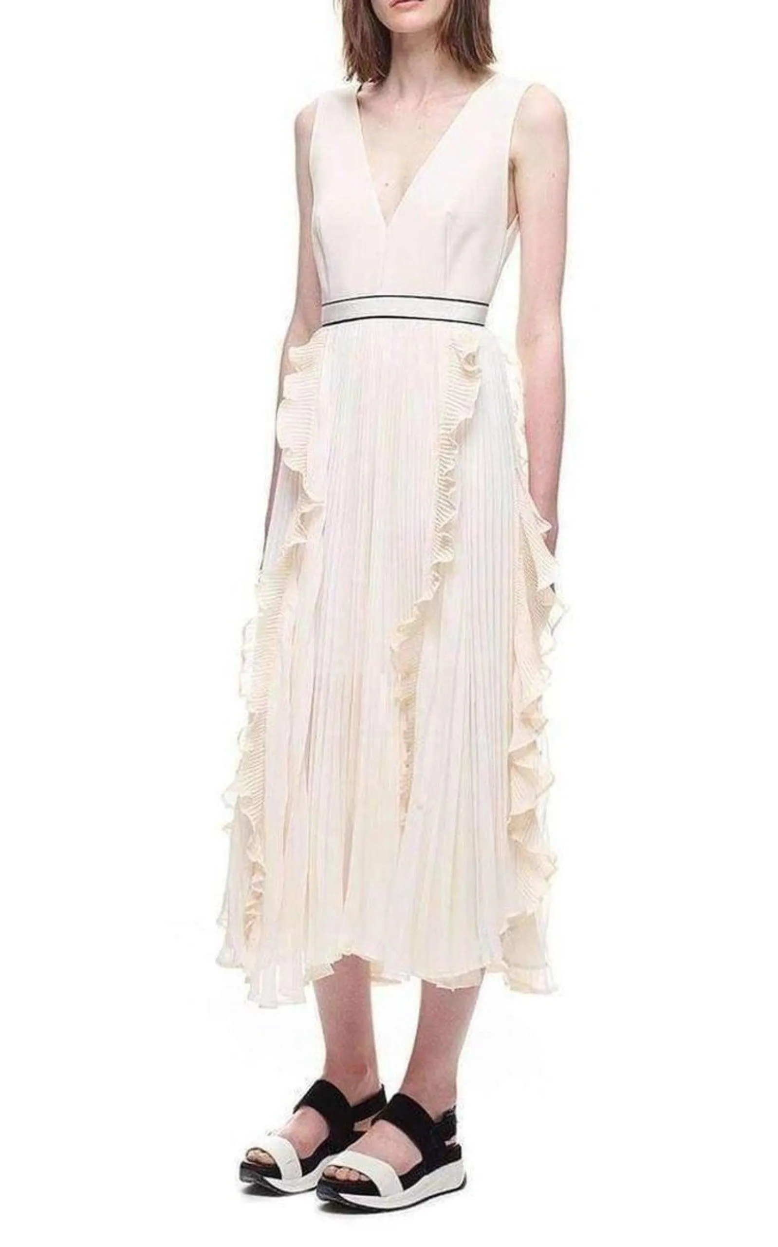 V-Neck Dress with Fluted Pleats