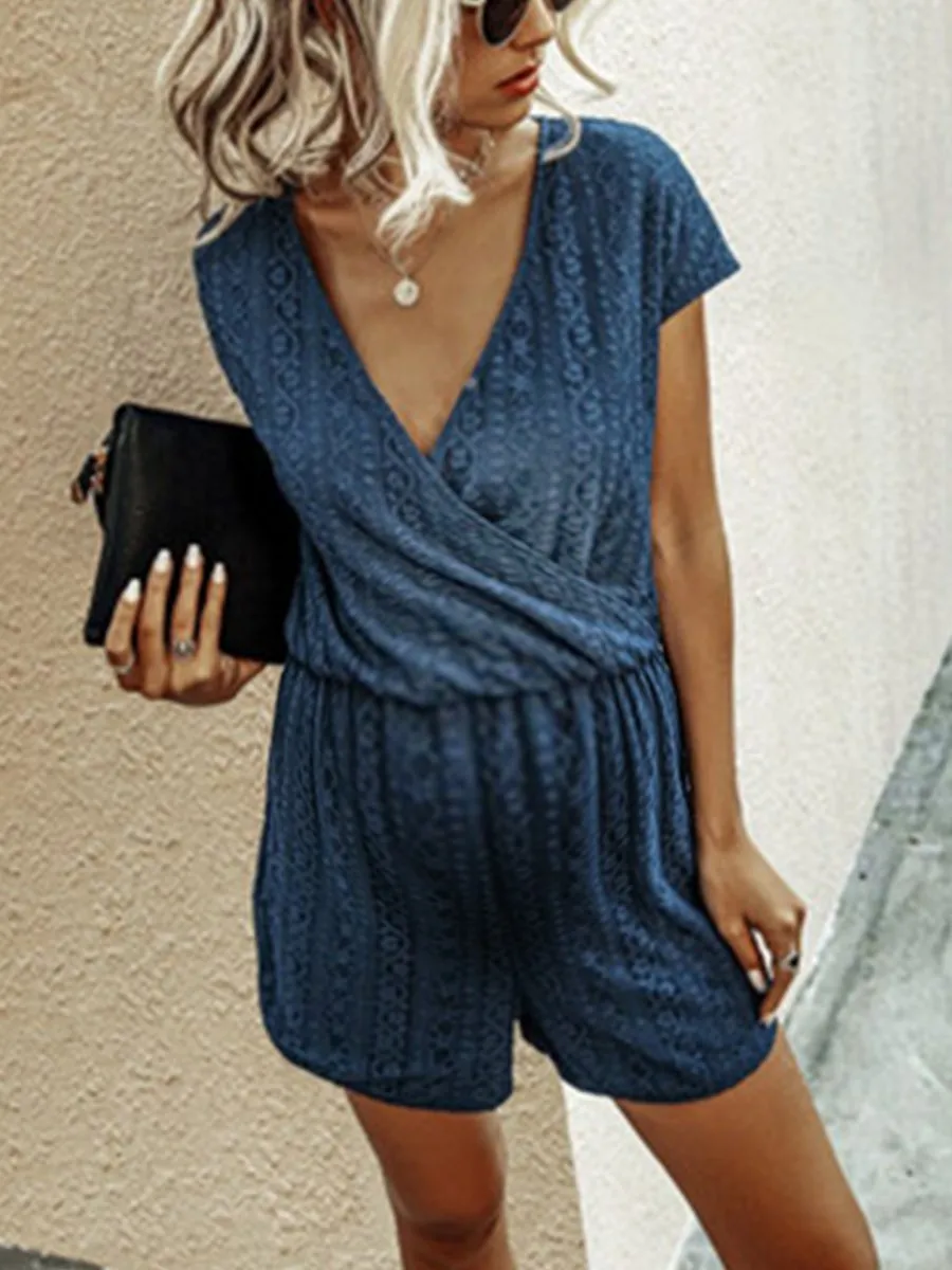 V-Neck Lace Elastic Waist Loose Maternity Jumpsuits
