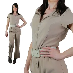 Vintage 80s boho ultra suede jumpsuit romper short sleeve zip up beige