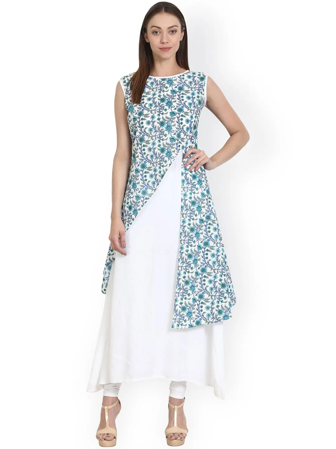 White Sleevless A-Line Kurta With Blue Printed Layer