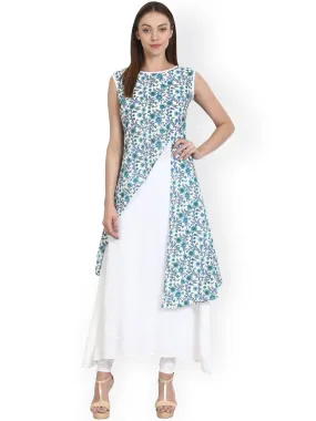 White Sleevless A-Line Kurta With Blue Printed Layer
