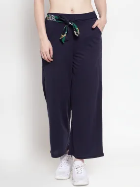 Women Navy Blue Palazzo Pants With Scarf Belt