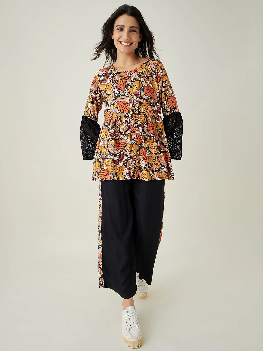 women's Black Flutter Printed Pajama Set - The Kaftan Company