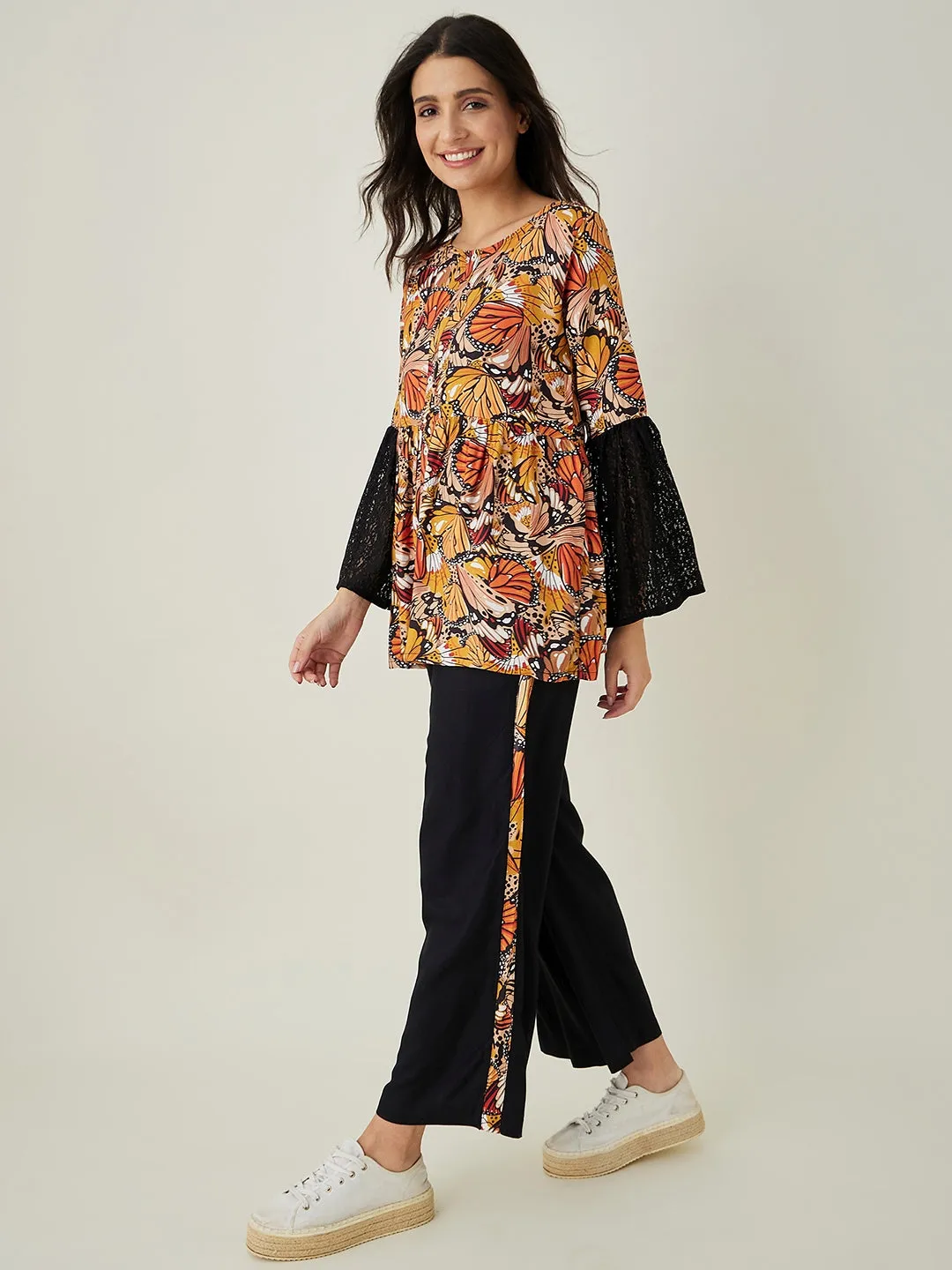 women's Black Flutter Printed Pajama Set - The Kaftan Company