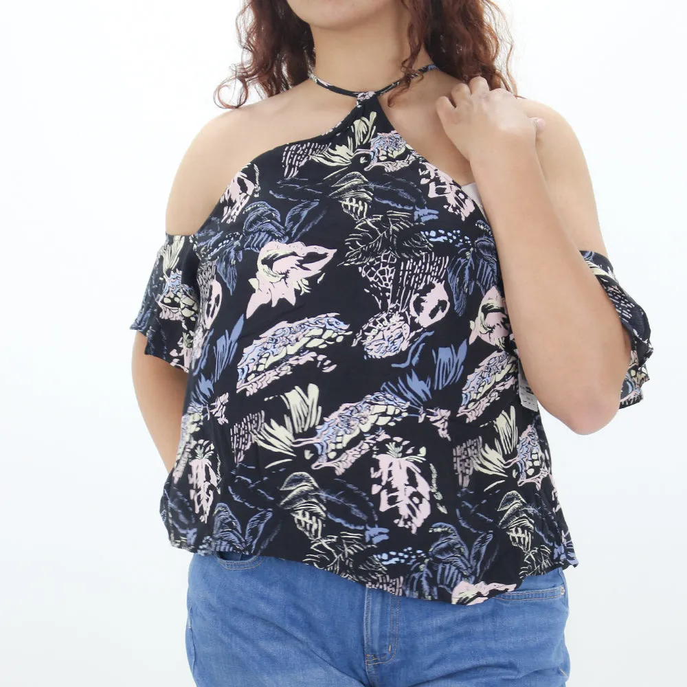 Women's Printed Cold Shoulder Top,Black