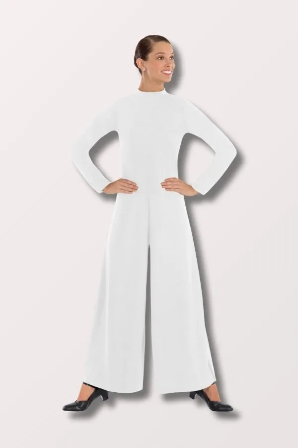 Women's Simplicity Long Sleeve Wide Leg High Neck Praise Jumpsuit - White