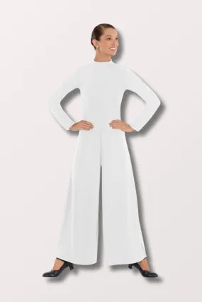 Women's Simplicity Long Sleeve Wide Leg High Neck Praise Jumpsuit - White