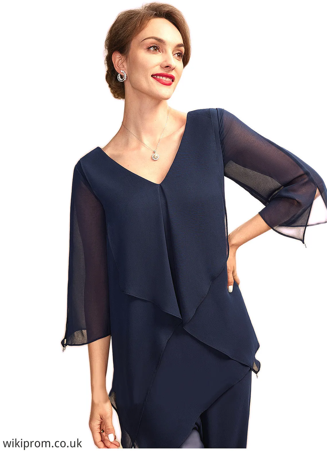 Yasmine Jumpsuit/Pantsuit V-neck Floor-Length Chiffon Mother of the Bride Dress With Cascading Ruffles SWK126P0015019