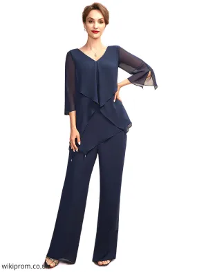 Yasmine Jumpsuit/Pantsuit V-neck Floor-Length Chiffon Mother of the Bride Dress With Cascading Ruffles SWK126P0015019