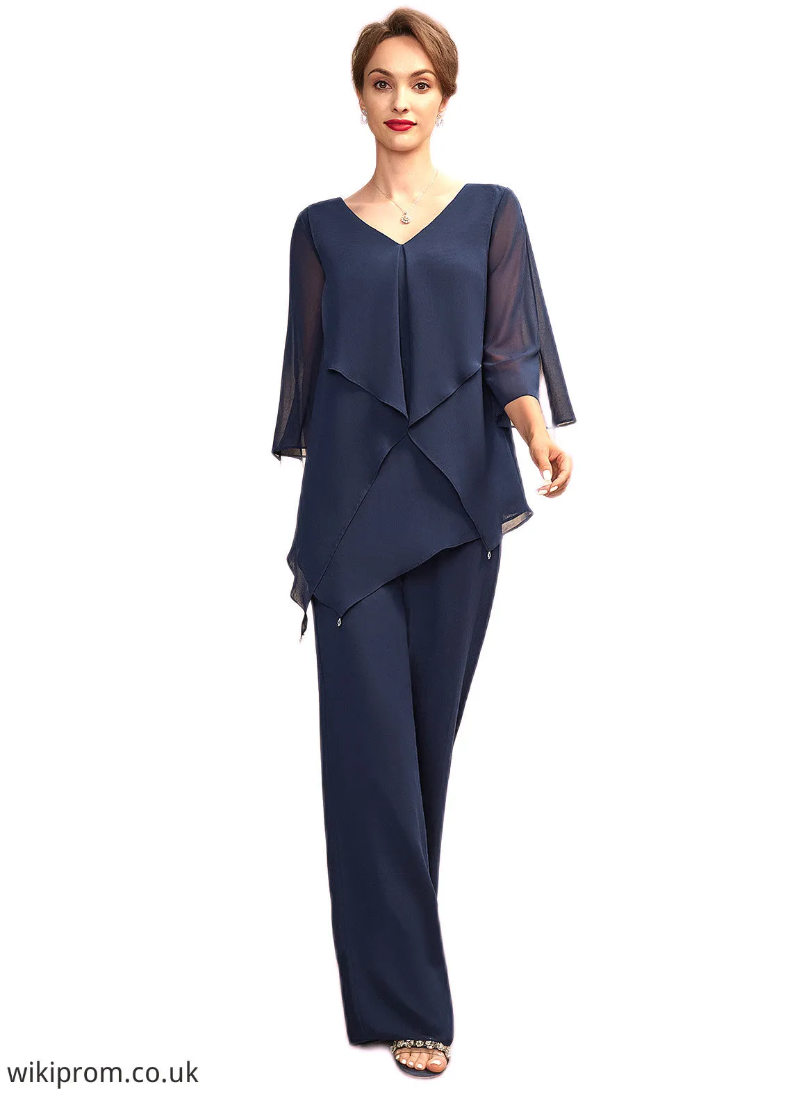 Yasmine Jumpsuit/Pantsuit V-neck Floor-Length Chiffon Mother of the Bride Dress With Cascading Ruffles SWK126P0015019