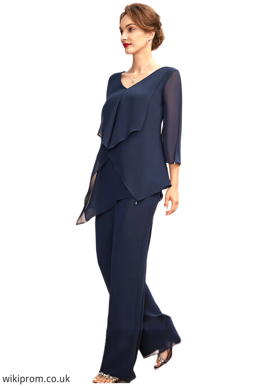 Yasmine Jumpsuit/Pantsuit V-neck Floor-Length Chiffon Mother of the Bride Dress With Cascading Ruffles SWK126P0015019