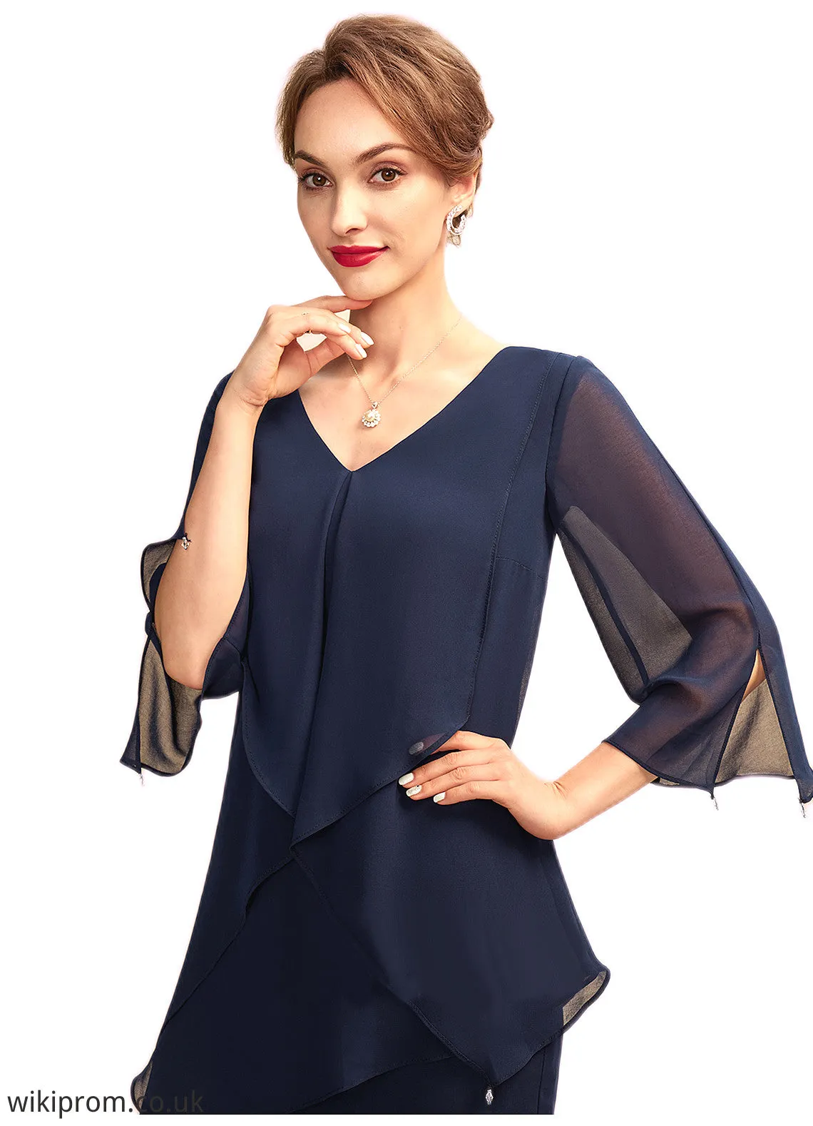Yasmine Jumpsuit/Pantsuit V-neck Floor-Length Chiffon Mother of the Bride Dress With Cascading Ruffles SWK126P0015019