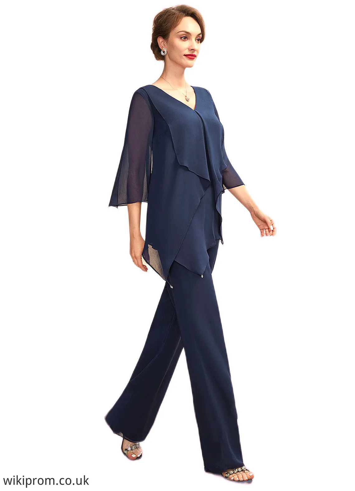 Yasmine Jumpsuit/Pantsuit V-neck Floor-Length Chiffon Mother of the Bride Dress With Cascading Ruffles SWK126P0015019