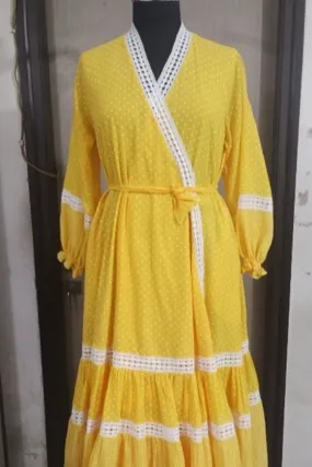 Yellow cotton polka dot printed tiered wrap around dress with lace details