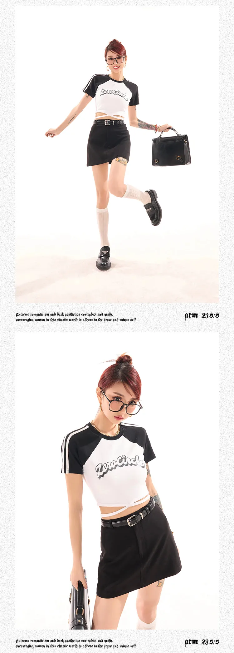 Zerocircle Contrast Color Short Sleeve Lace Tie Cropped Top