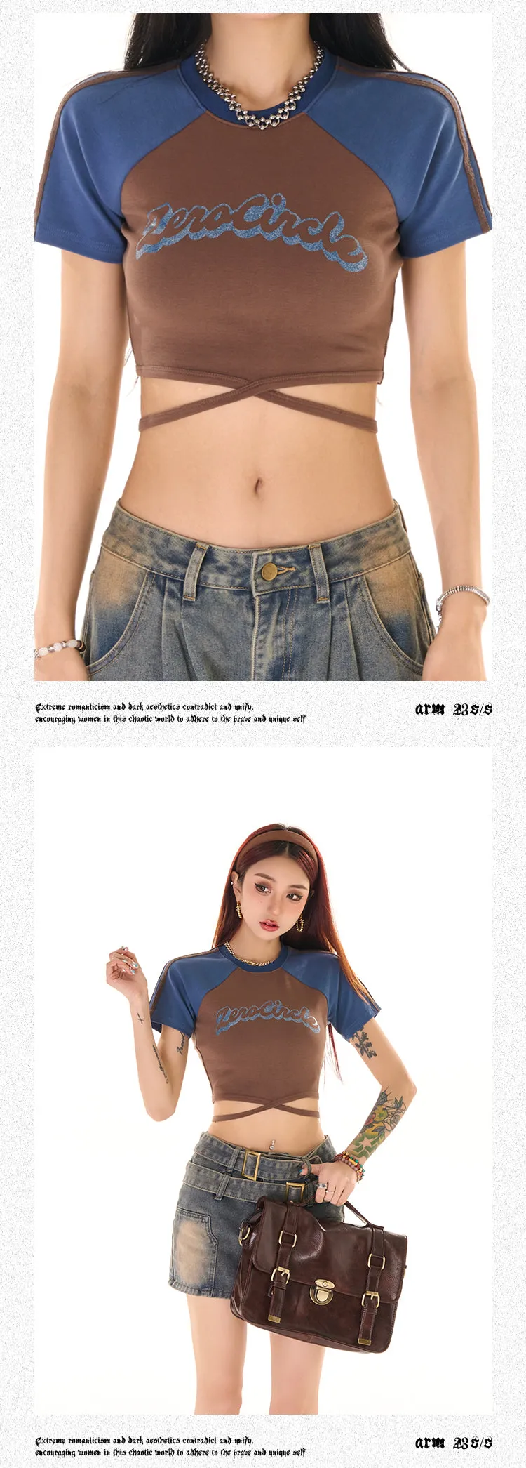 Zerocircle Contrast Color Short Sleeve Lace Tie Cropped Top