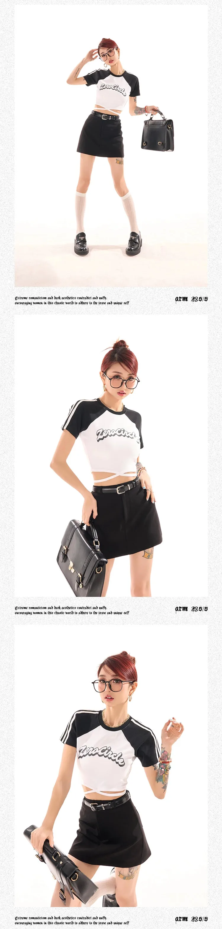 Zerocircle Contrast Color Short Sleeve Lace Tie Cropped Top