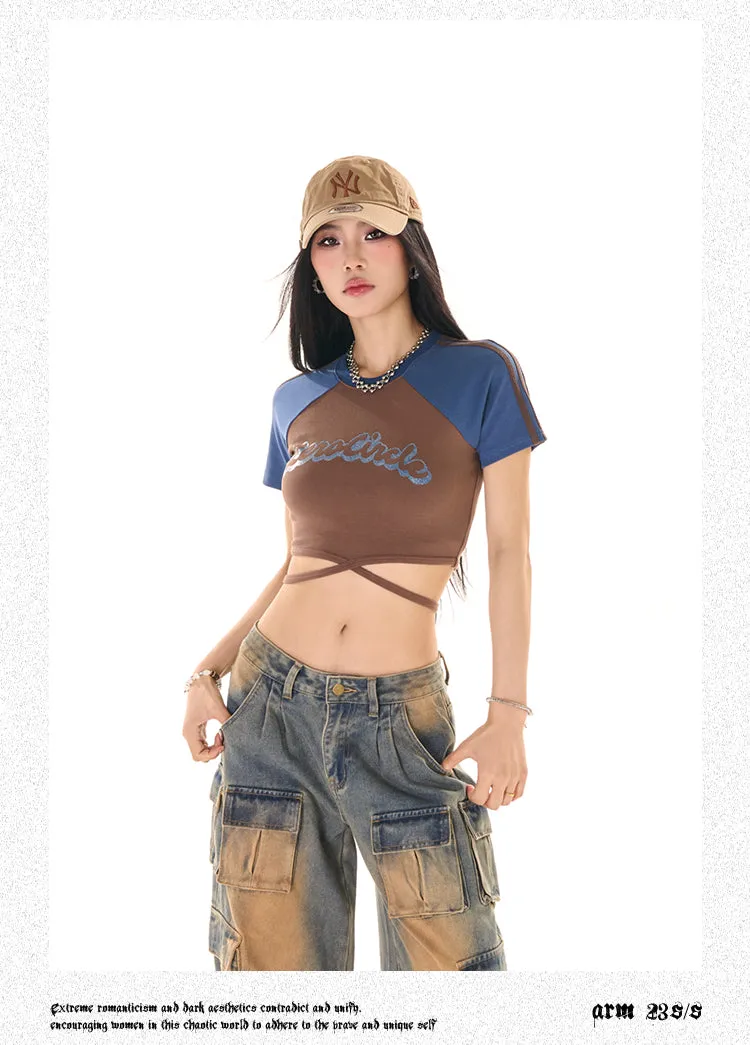 Zerocircle Contrast Color Short Sleeve Lace Tie Cropped Top