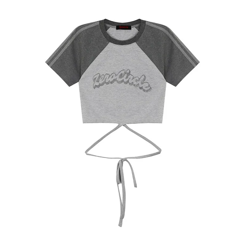 Zerocircle Contrast Color Short Sleeve Lace Tie Cropped Top