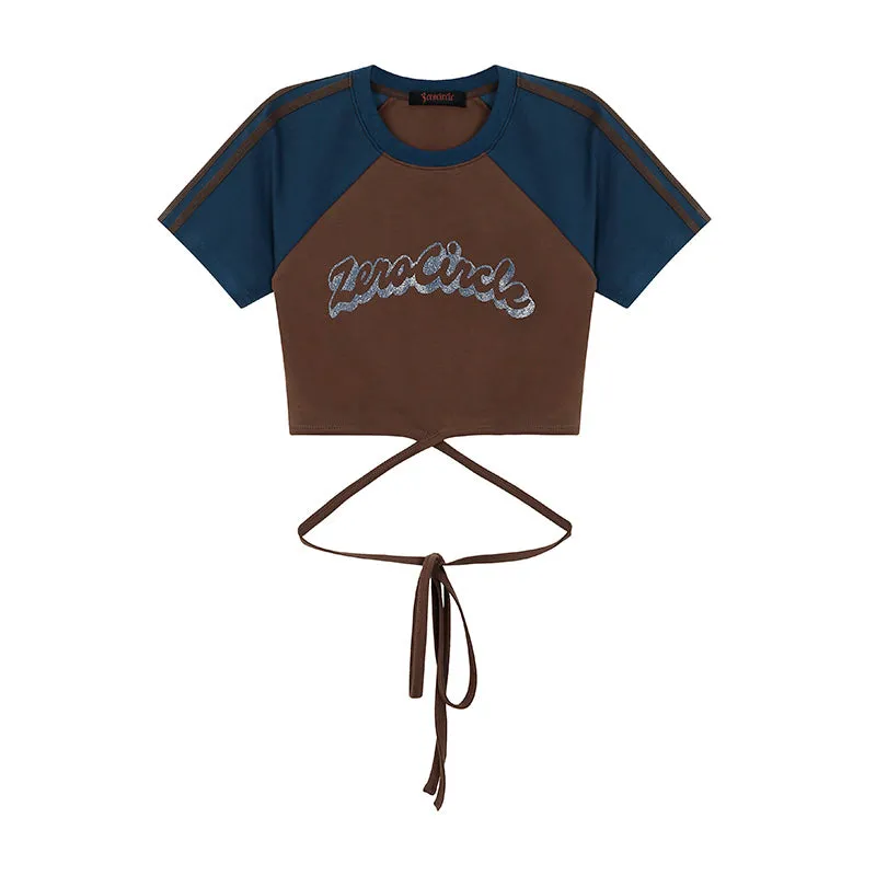 Zerocircle Contrast Color Short Sleeve Lace Tie Cropped Top